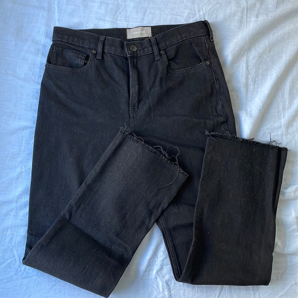 Everlane Womens High Rise Straight Leg Fray Hem Denim Black Jeans Size 29 X 26